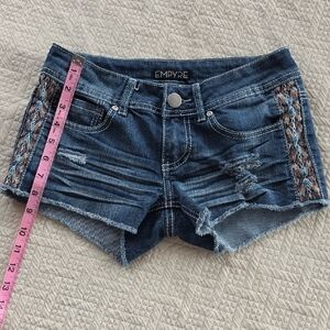 Empyre Dark Blue Distressed Denim Shorts with Embroidered Side Trim